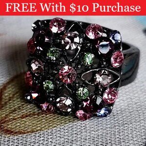 Pastel Rhinestone Purple Pink Peridot Gunmetal SIZE 7 1/4 Ring RED BANNER
